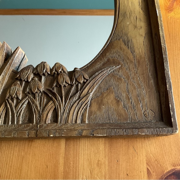 VINTAGE EINAR JOHANSEN WOOD CARVED MIRROR 1976 BUTTERFLY DAFFODIL BLUEBELLS - Picture 9 of 16